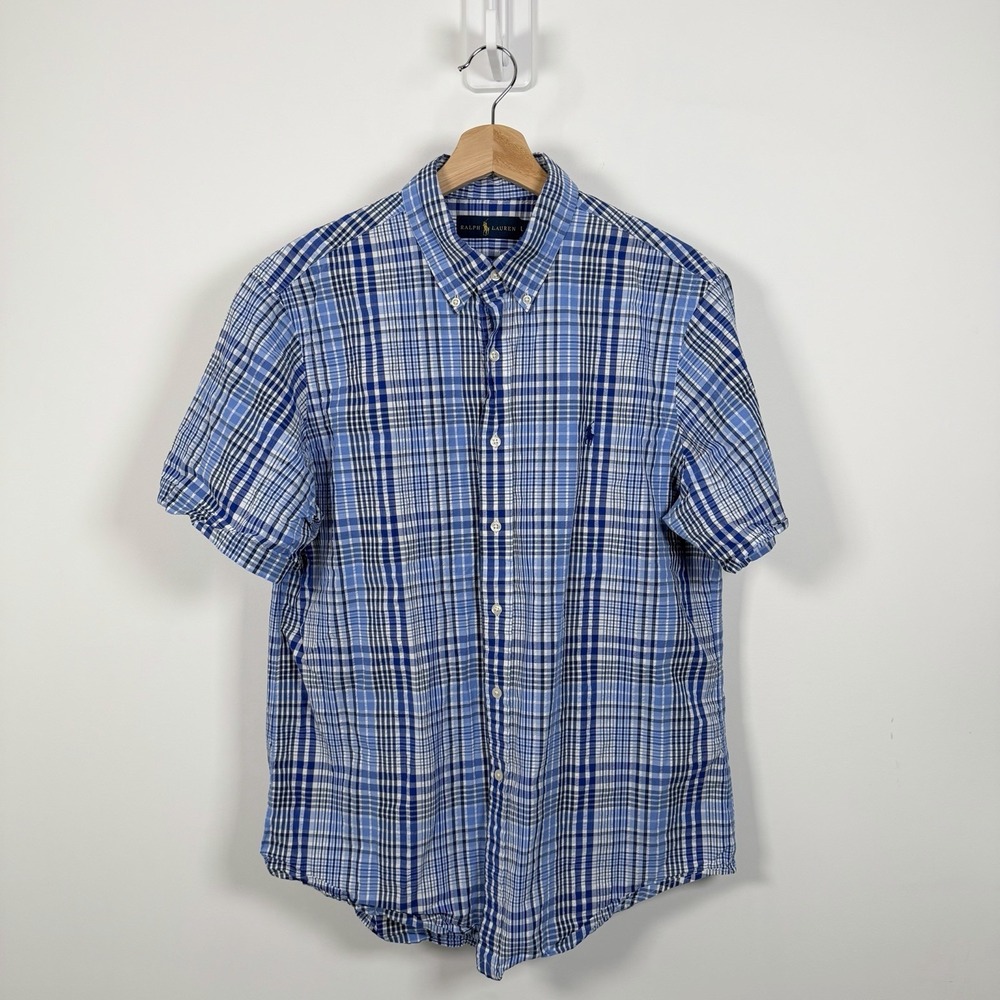 Polo Ralph Lauren Seersucker Shirt Mens Large Blue Plaid Button Down Casual